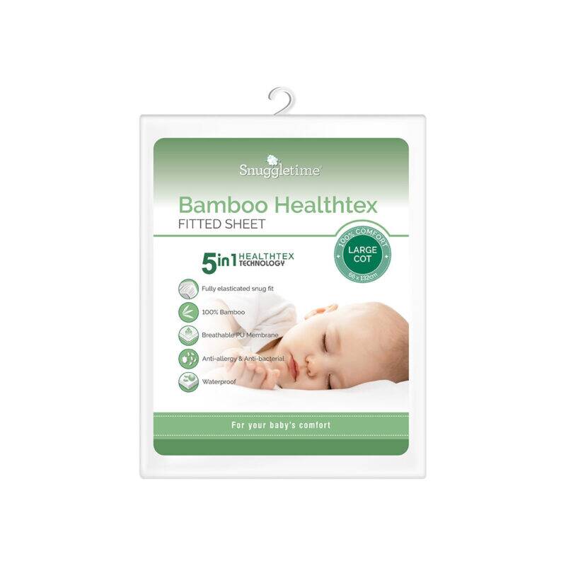 Snuggletime Bamboopaedic Healthtex Fitted Sheet in large cot size, featuring breathable bamboo and waterproof properties.