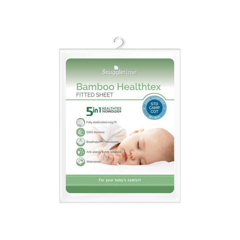 Snuggletime Bamboopaedic Healthtex Fitted Sheet in standard camp cot size, featuring breathable bamboo and waterproof design.