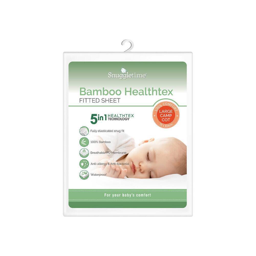 Snuggletime Bamboopaedic Healthtex fitted sheet for large camp cots, made from 100% bamboo, breathable and waterproof.