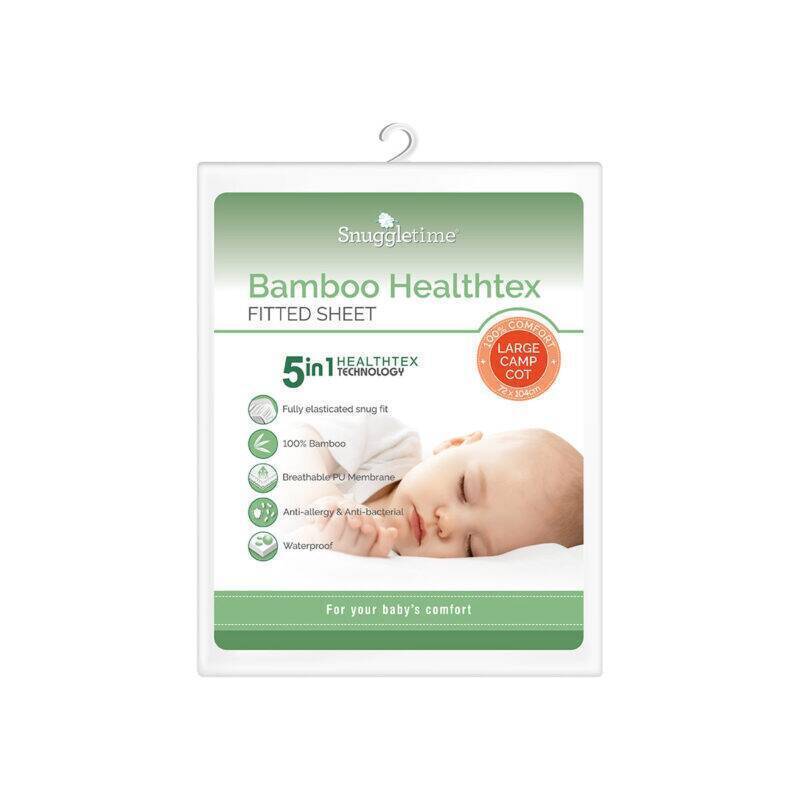 Snuggletime Bamboopaedic Healthtex fitted sheet for large camp cots, made from 100% bamboo, breathable and waterproof.