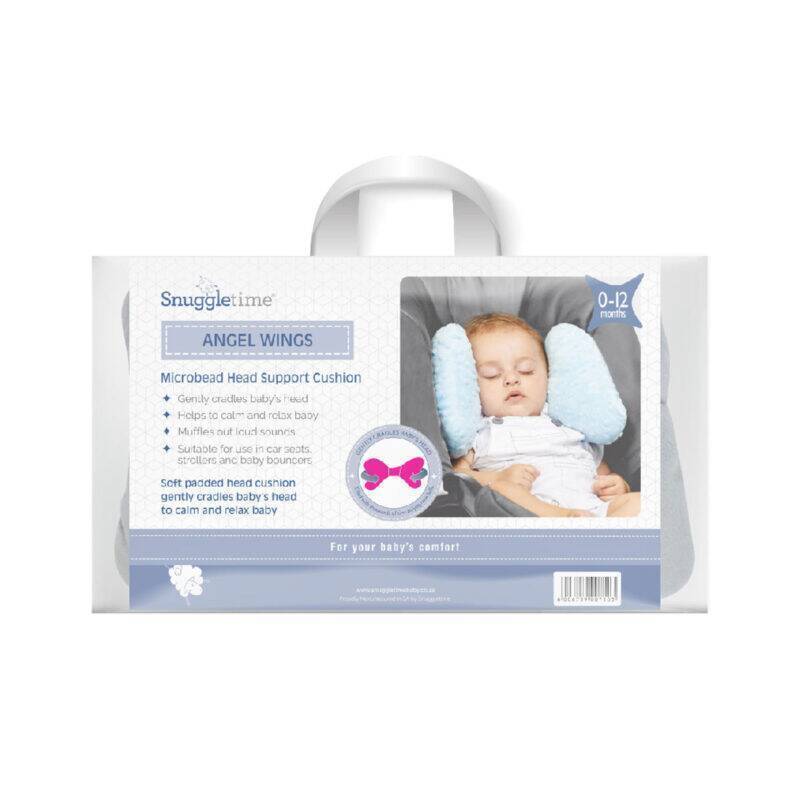 Snuggletime Angelwings Neck Cushion in blue, designed for infants 0-12 months, features microbead support for comfort.