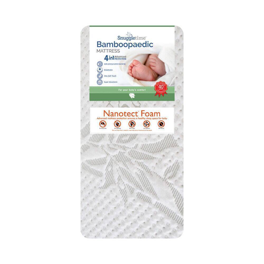 Snuggletime Bamboopaedic Mattress, large size, features Nanotect foam for comfort and breathability.