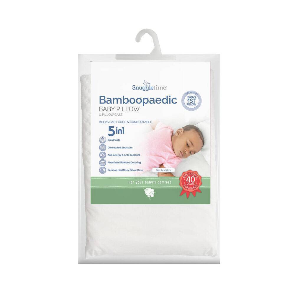 Snuggletime Bamboopaedic Baby Pillow in white packaging, featuring a baby sleeping comfortably with a bamboo cover.