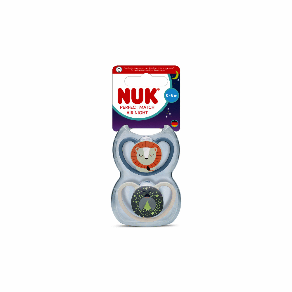 Nuk Perfect Match Air Night Soother 2 pack for 0-6 months featuring lion and sheep designs with a firefly theme.