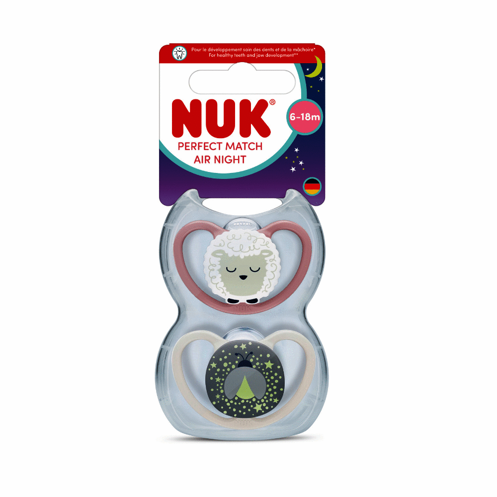 Nuk Perfect Match Air Night Soother 2 pack for 6-18 months, featuring a sheep and firefly design.