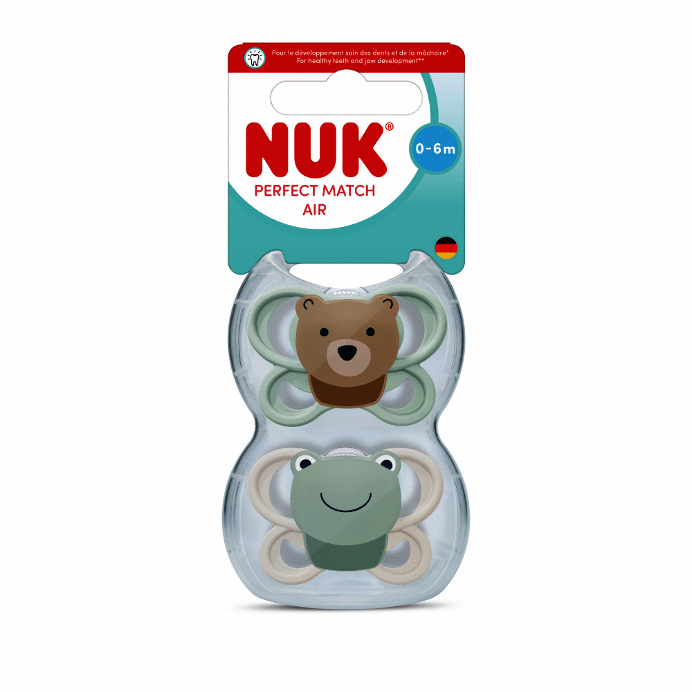 Nuk Perfect Match Air Mini Soother 2 Pack for 0-6M featuring bear and frog designs in soft colors.