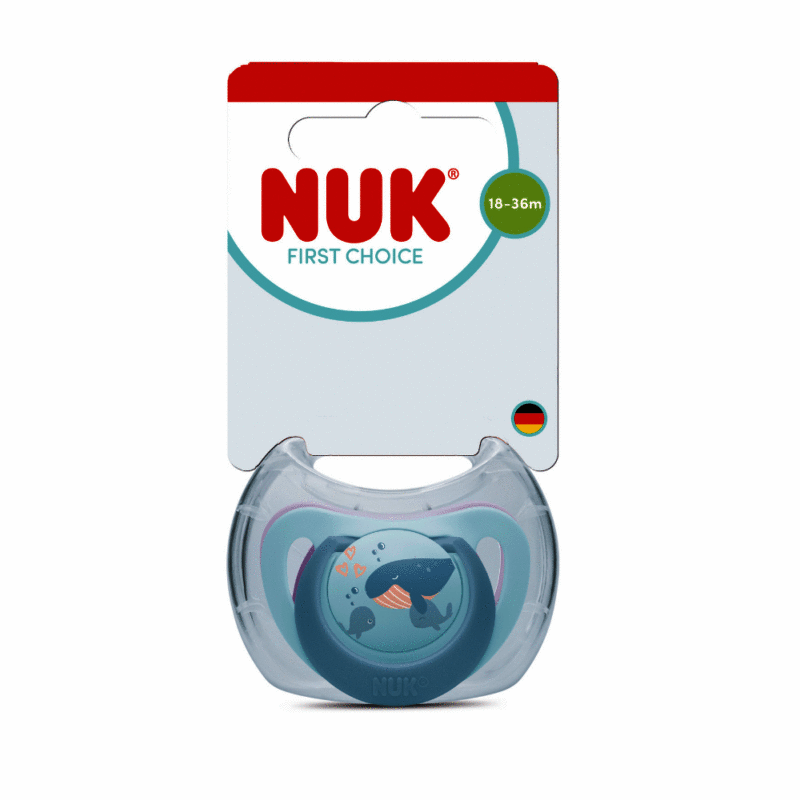 Nuk First Choice Soother for ages 18-36M in whale design, featuring a playful whale graphic on a blue background.