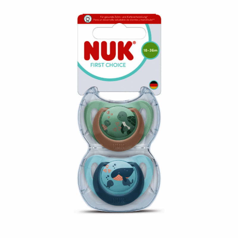 Nuk First Choice Soother 2 Pack for ages 18-36M featuring kangaroo/monkey and turtle/whale designs.