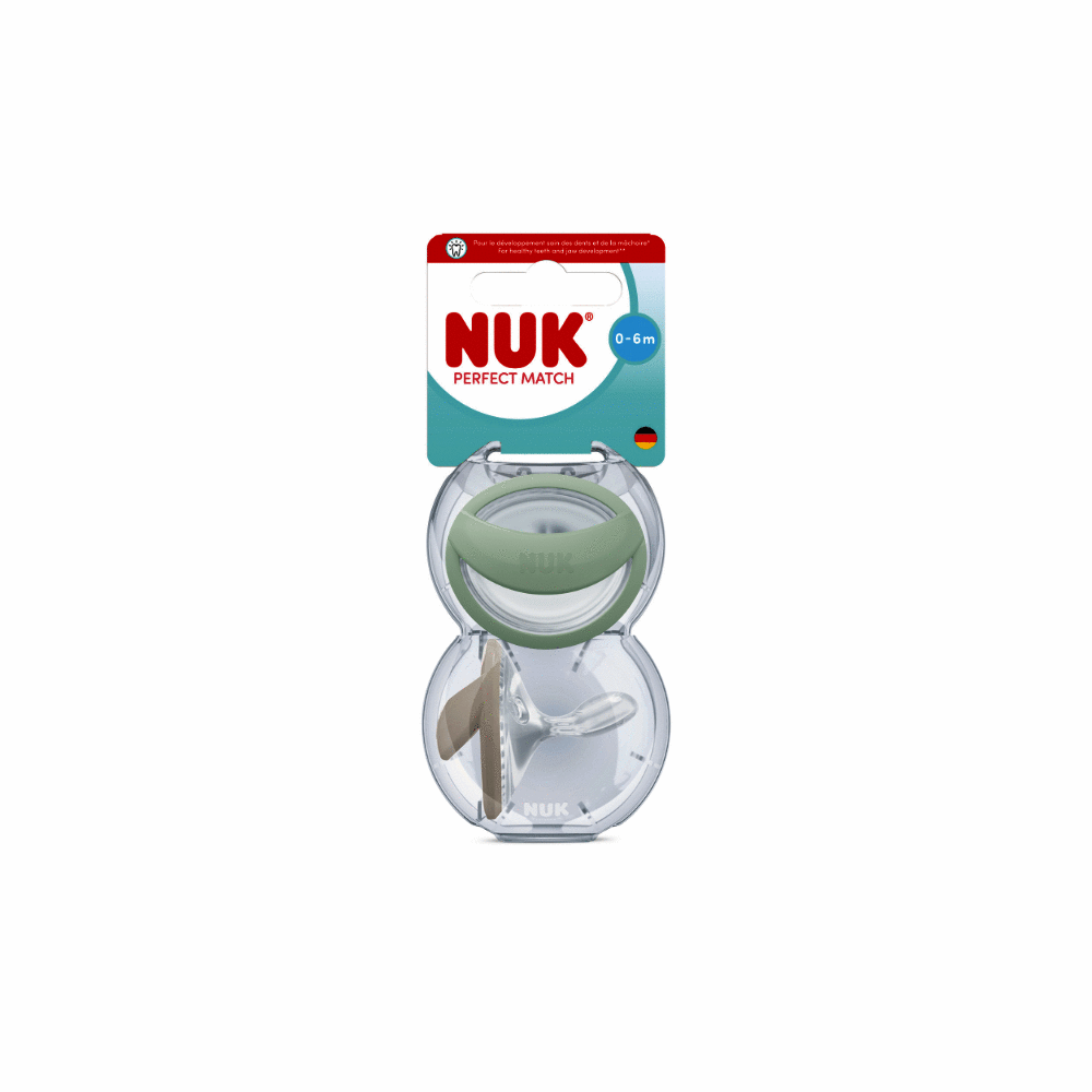 Nuk Perfect Match Soother 2 pack for 0-6 months in blue and green, featuring a soft silicone design.