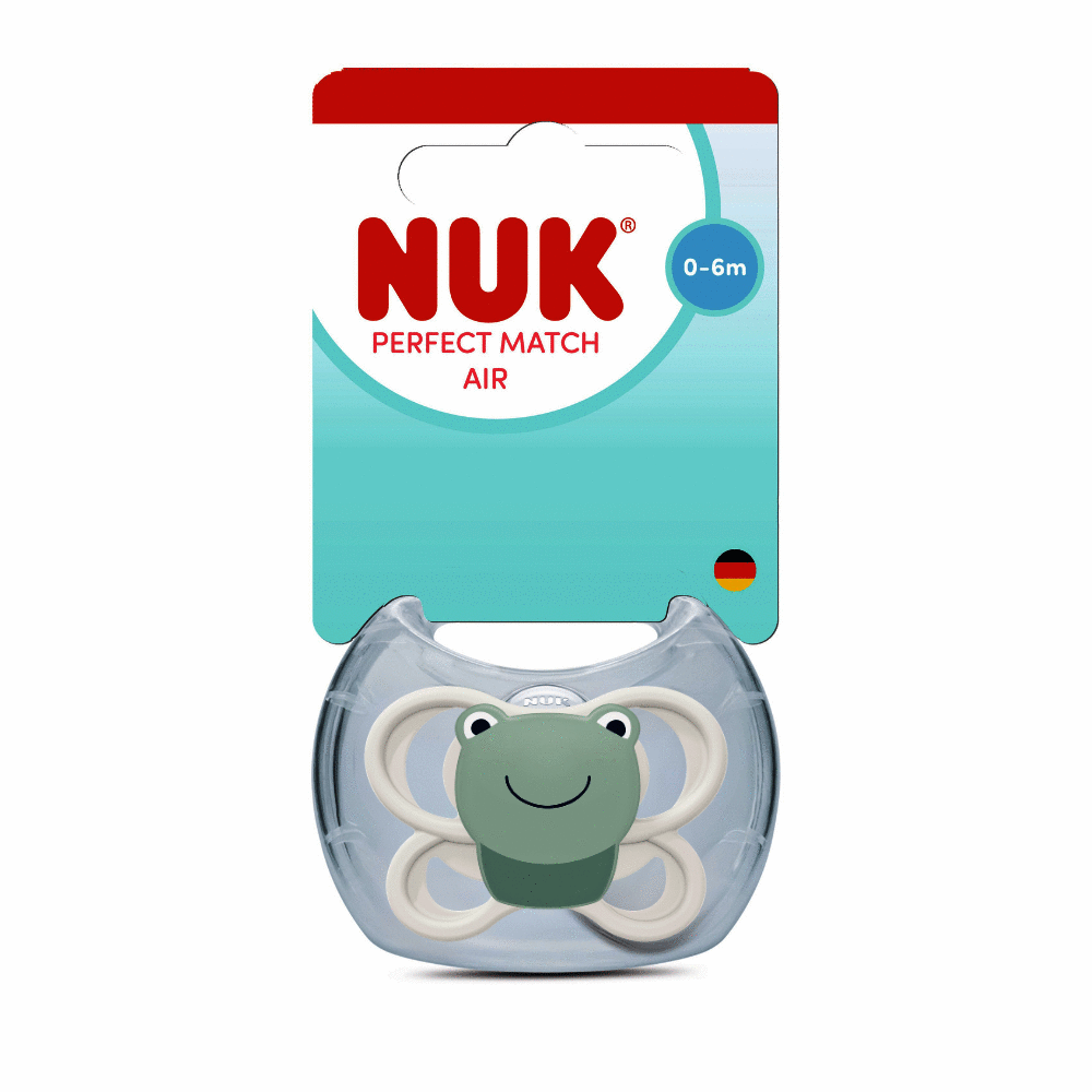 Nuk Perfect Match Air Mini Soother for 0-6 months in frog style with a smiling frog design and a clear shield.