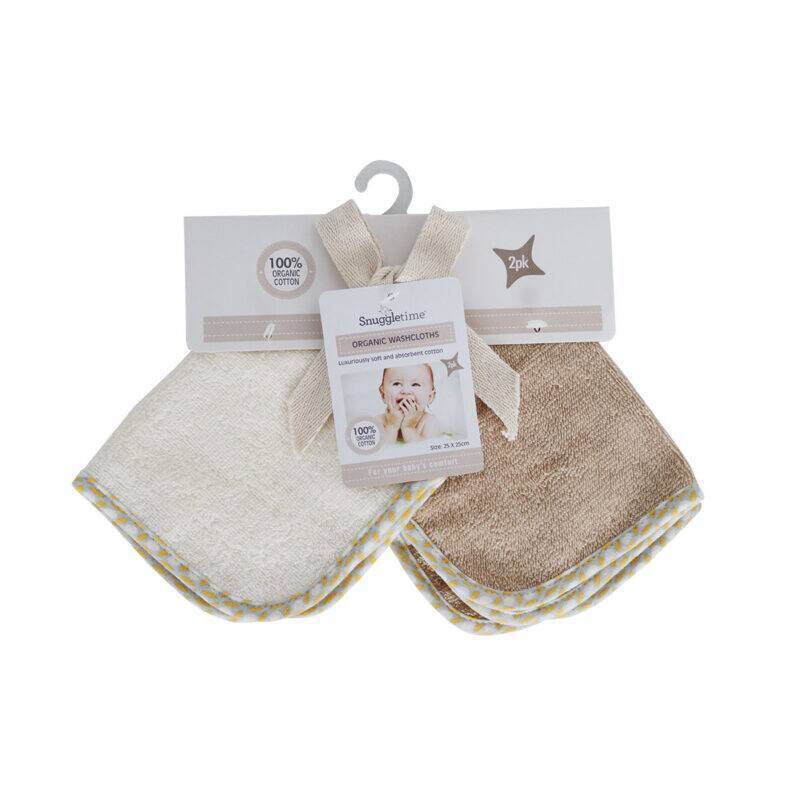 Snuggletime Deluxe Washcloths in blue, featuring soft organic fabric with a yellow trim, packaged in a 2-pack.