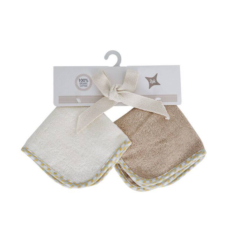 Snuggletime Deluxe Washcloths 2 Pack in natural tones, featuring soft cotton fabric with a decorative trim.