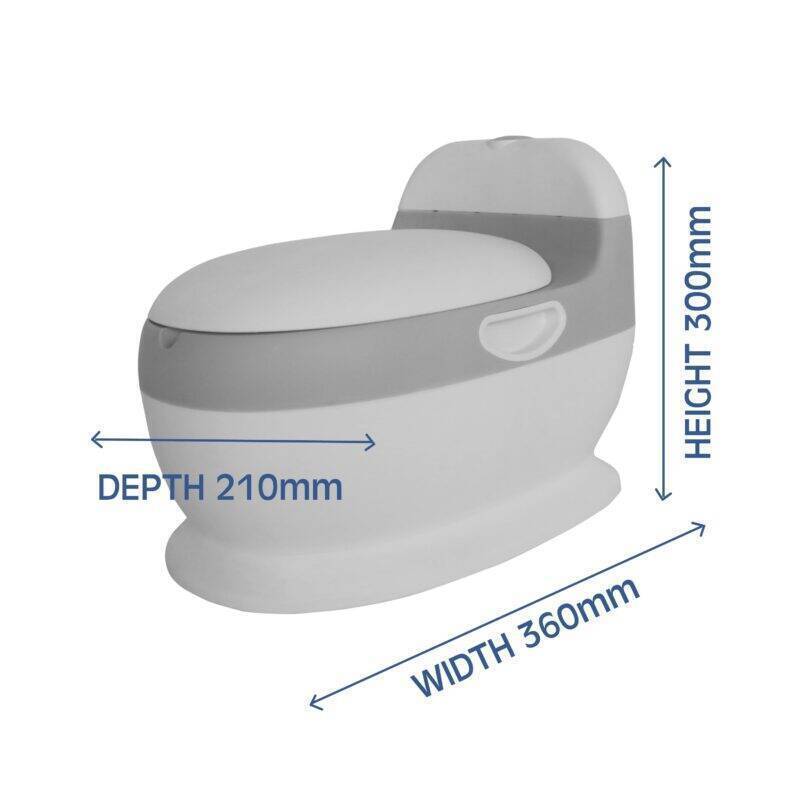 Snuggletime Comfort Toilet Seat Potty in gray and white, showcasing dimensions: height 300mm, width 360mm, depth 210mm.