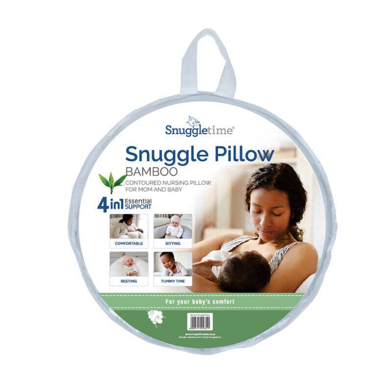 Snuggletime Bamboo Snuggle Up Pillow, round design with a carrying handle, features a mother nursing her baby comfortably.