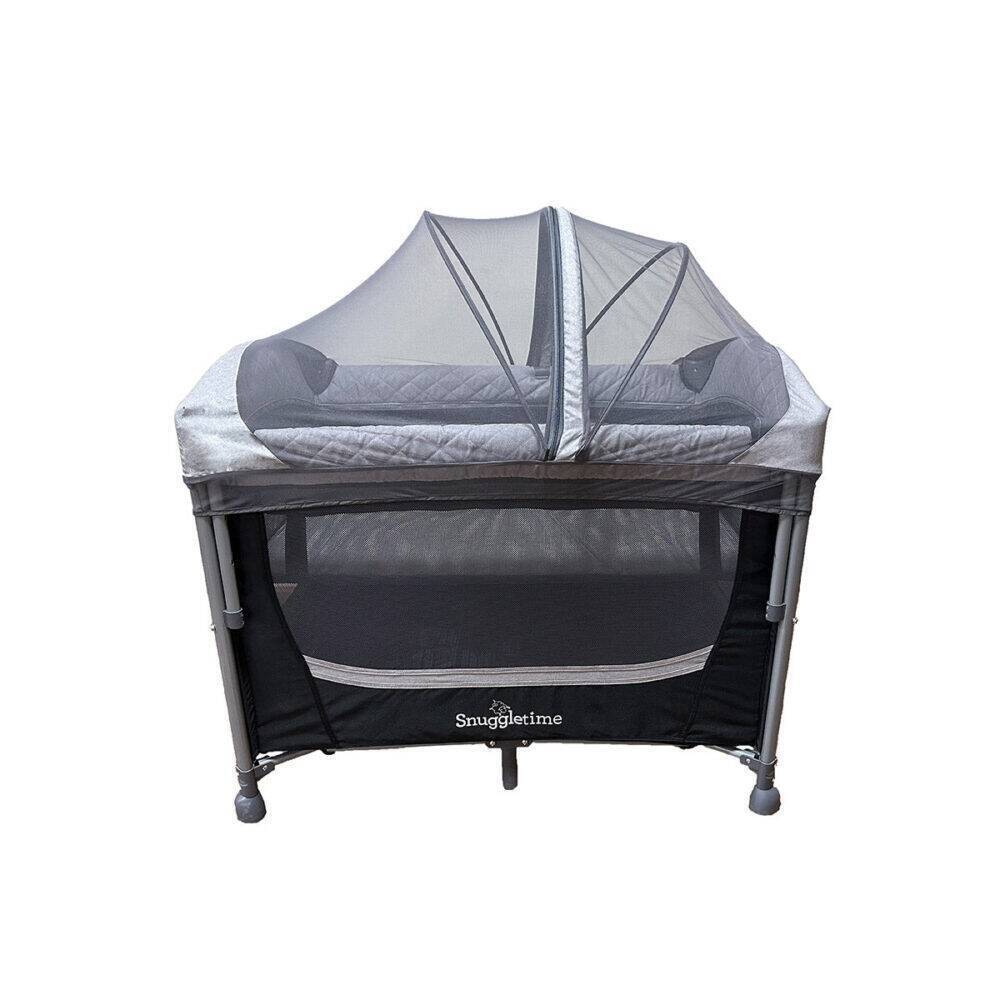 Snuggletime Dome Mosquito Protection Netting, grey mesh covering a playpen, designed to keep insects away.