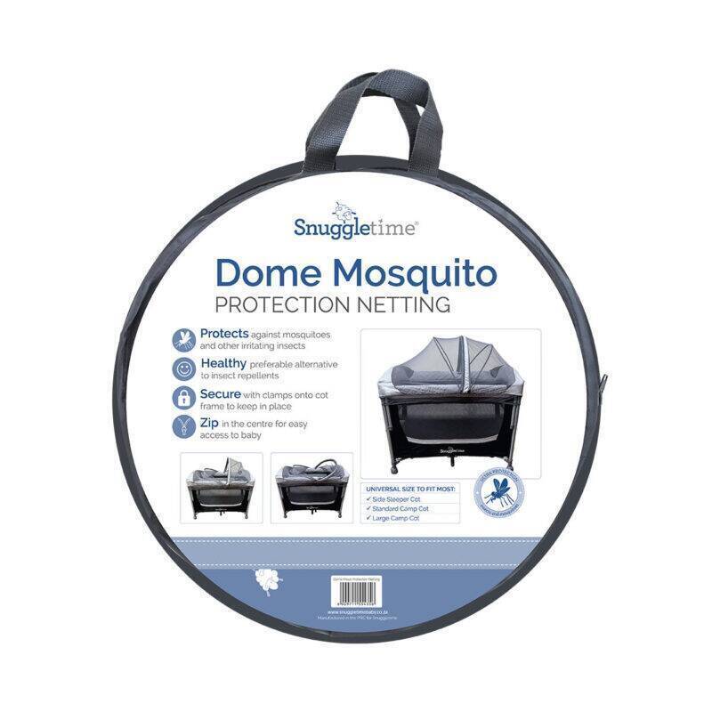 Snuggletime Dome Mosquito Protection Netting in a round carry bag, featuring secure clamps and zip access for easy setup.