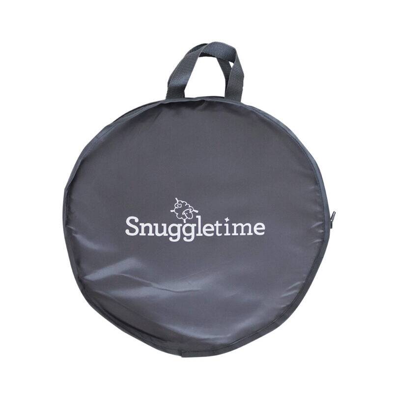 Snuggletime Dome Mosquito Protection Netting in a round, gray carrying bag featuring the Snuggletime logo.