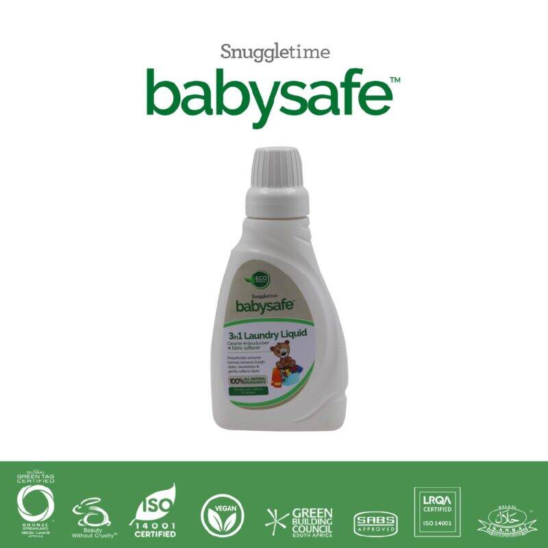 BabySafe 3in1 Laundry Liquid in a white bottle with a flip cap, featuring a cute bear illustration on the label.