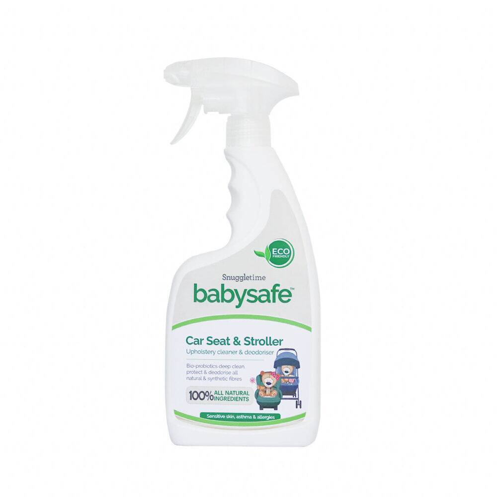 Snuggletime BabySafe Car Seat & Stroller Deep Cleaner & Deodoriser, 500ml, eco-friendly spray bottle with cartoon design.