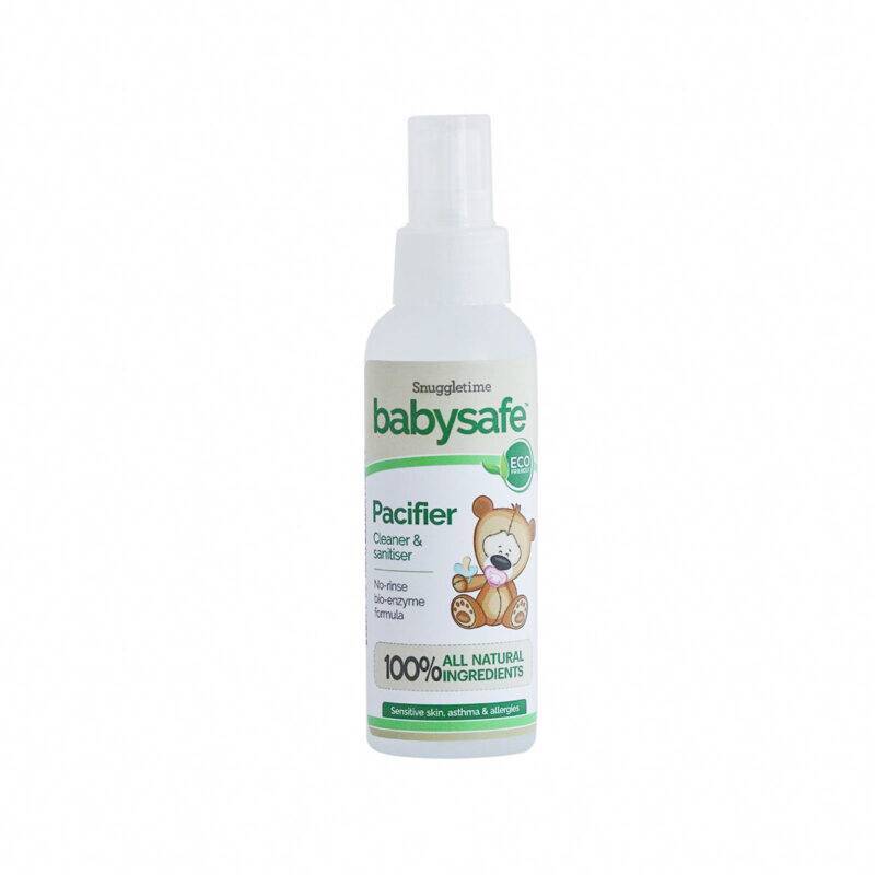 BabySafe Pacifier Cleaner & Sanitiser, 100ml, featuring a bear graphic and eco-friendly label, designed for safe cleaning.
