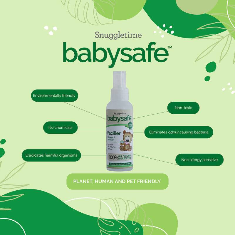 BabySafe Pacifier Cleaner & Sanitiser in a 100ml spray bottle, featuring a green and white design with eco-friendly claims.