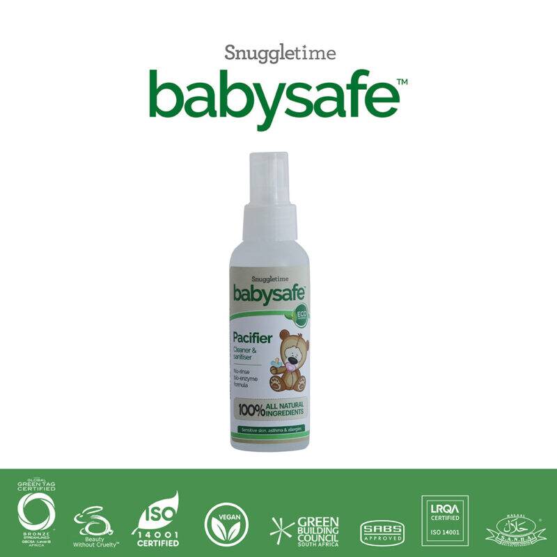 BabySafe Pacifier Cleaner & Sanitiser in a 100ml spray bottle, featuring a cute bear design and eco-friendly certifications.