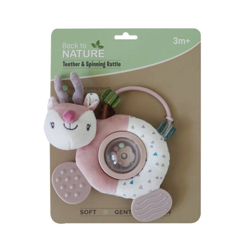 Back To Nature Teether & Spinning Rattle in blue and pink with sliding beads and a soft, plush design for infants 3 months