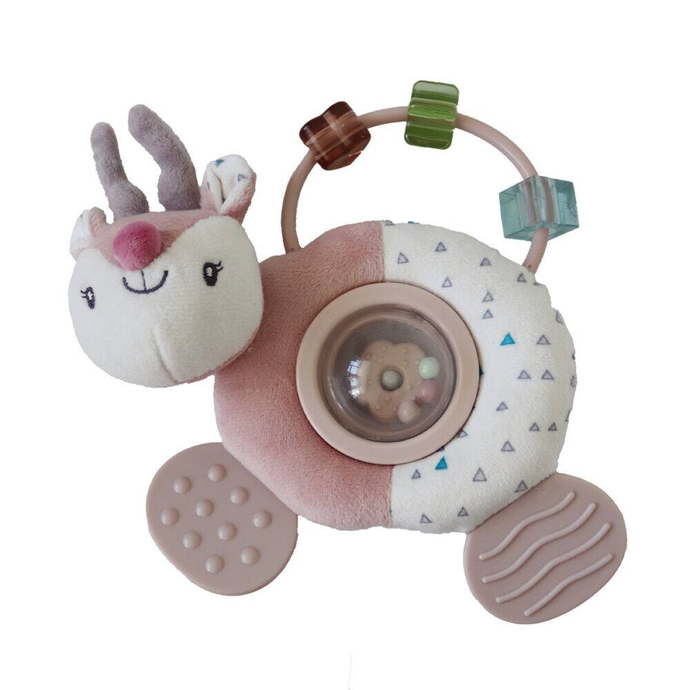 Back To Nature Teether & Spinning Rattle in blue and pink, featuring a soft animal design with a spinning center and