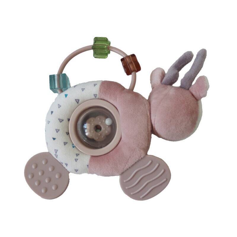 Back To Nature Teether & Spinning Rattle in blue and pink, featuring a soft snail design with textured surfaces and spinning