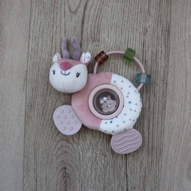 Back To Nature Teether & Spinning Rattle in blue and pink, featuring a cute animal design with textured surfaces for sensory