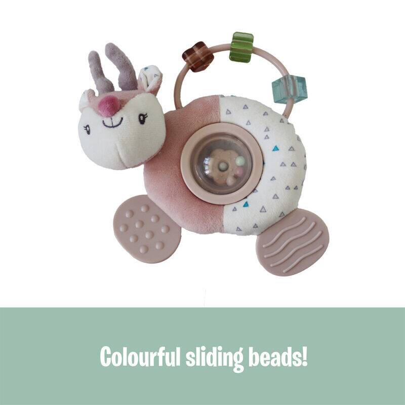 Back To Nature Teether & Spinning Rattle in blue and pink with colorful sliding beads and textured surfaces for sensory play.