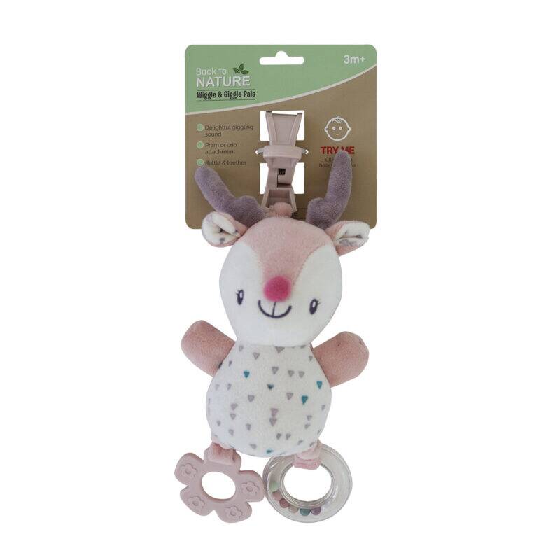 Back To Nature Wiggle & Giggle Pals in blue and pink, featuring a soft deer design with a teething ring.