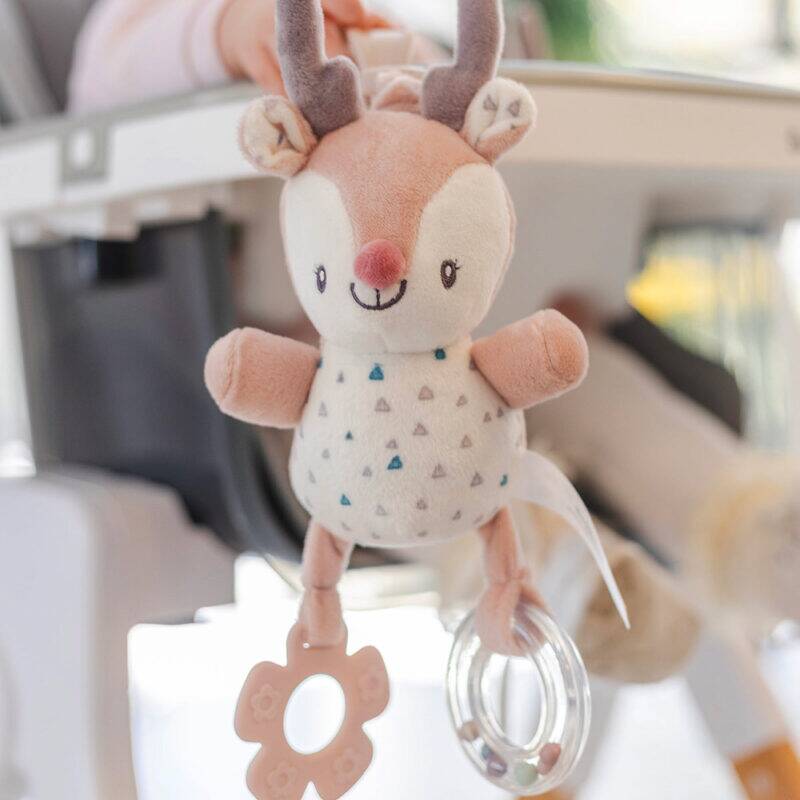 Back To Nature Wiggle & Giggle Pals in blue and pink with a smiling deer design and a flower-shaped teether.