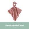 Back To Nature Silicone Teether Muslin Blankie in soft pink, featuring a silicone teether ring and 100% cotton muslin fabric.