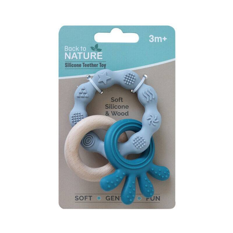 Back To Nature Teether Ring in blue and pink, featuring soft silicone and wood, ideal for soothing teething babies.