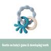 Back To Nature Teether Ring in blue and pink, featuring textured surfaces and a wooden ring for soothing gums.