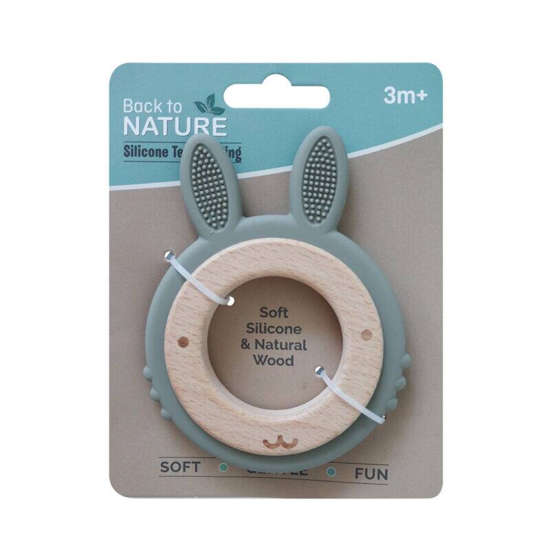 Back To Nature Rabbit Teether Ring in green and pink, featuring soft silicone and natural wood for easy gripping.