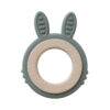 Back To Nature Teether Ring in green with pink rabbit ears and a wooden center, perfect for soothing babies' gums.