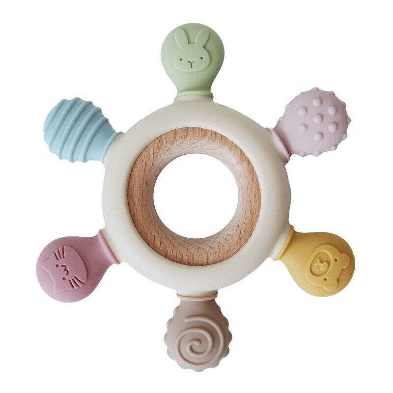 Back To Nature silicone chewable teether with a wooden ring, featuring colorful animal-shaped ends and textured surfaces.