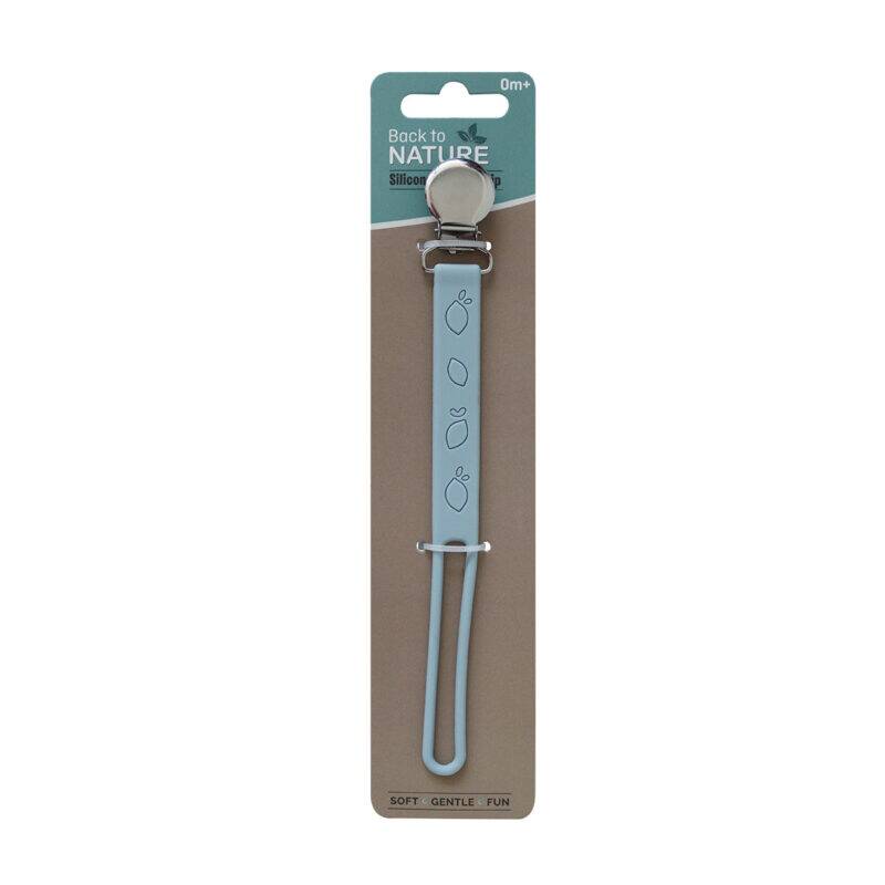 Back To Nature silicone pacifier clip in blue with a soft, gentle design, ideal for keeping pacifiers secure.
