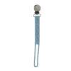 Back To Nature Silicone Pacifier Clip in blue with a metal clip and textured design for secure attachment.