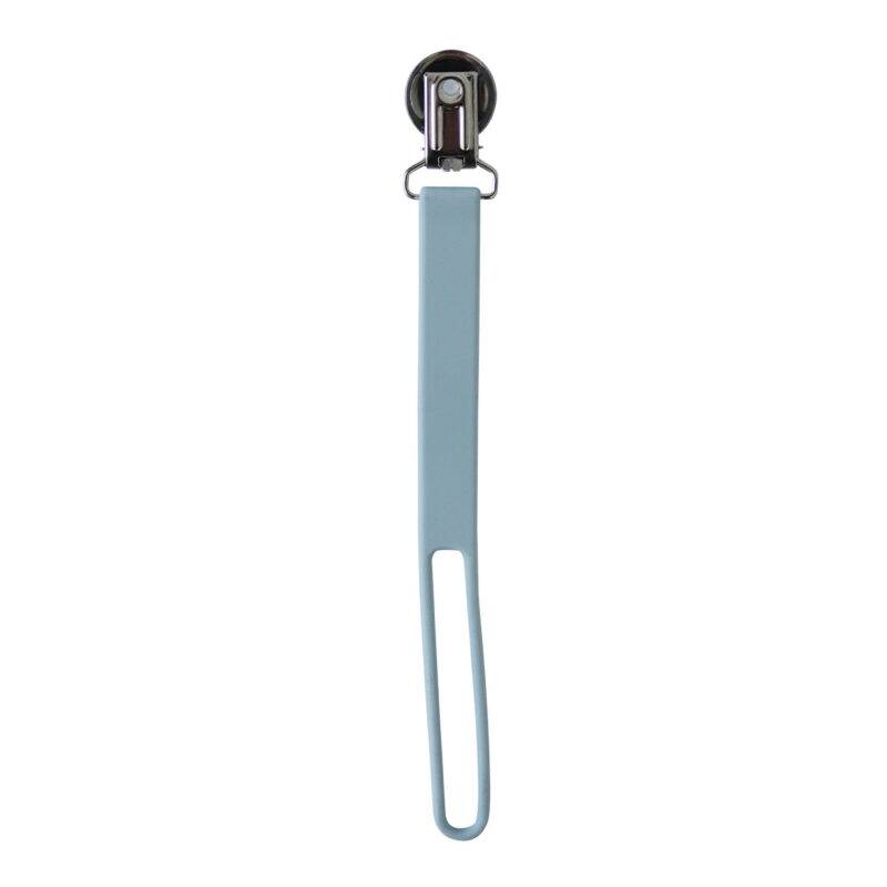 Back To Nature Silicone Pacifier Clip in blue with a sturdy metal clip and a sleek, minimalist design.