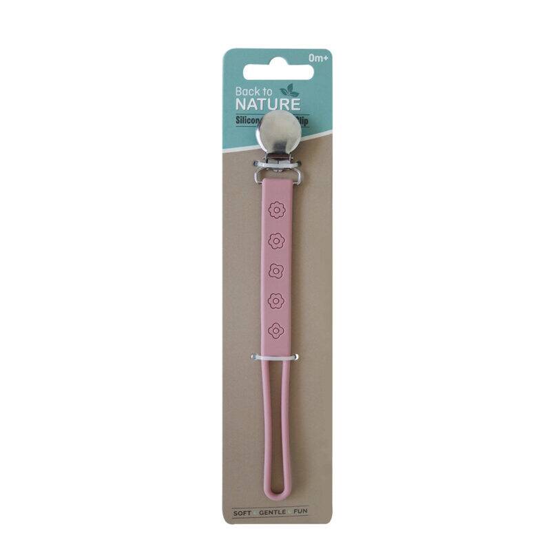 Back To Nature Silicone Pacifier Clip in soft pink with flower design, ideal for keeping pacifiers secure.