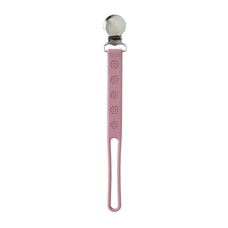 Back To Nature Silicone Pacifier Clip in pink with flower designs and a metal clip for secure attachment.