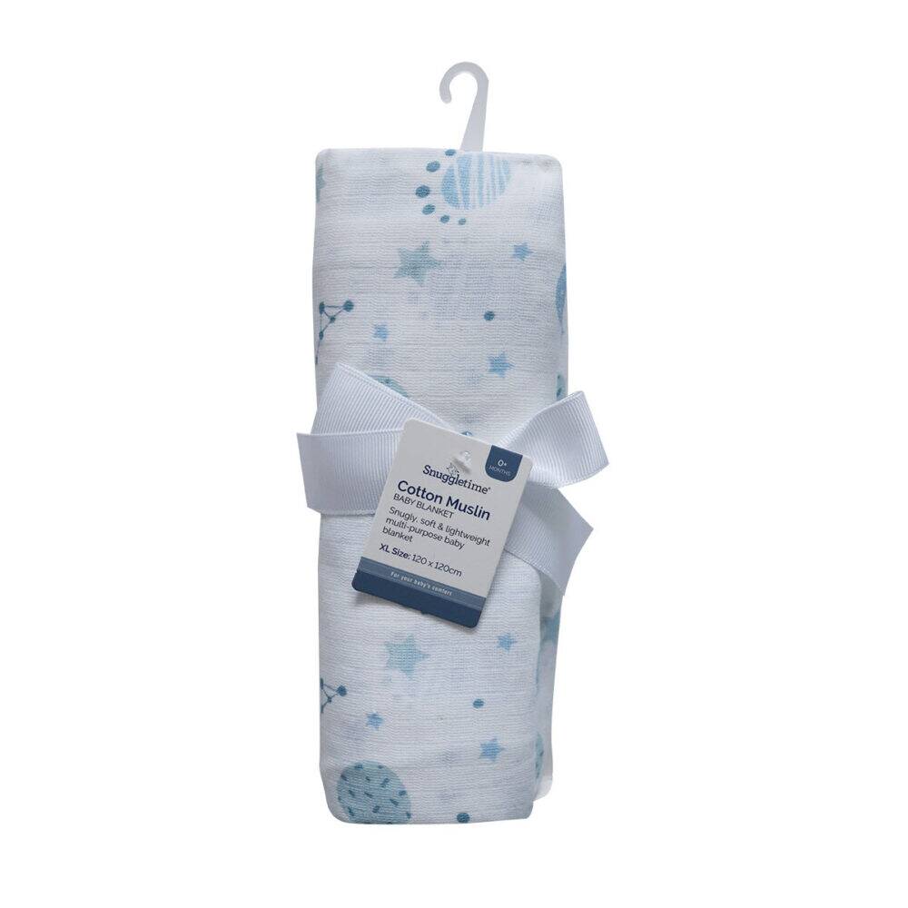 Snuggletime Cotton Muslin Receiver in blue with star and planet patterns, wrapped with a white ribbon.