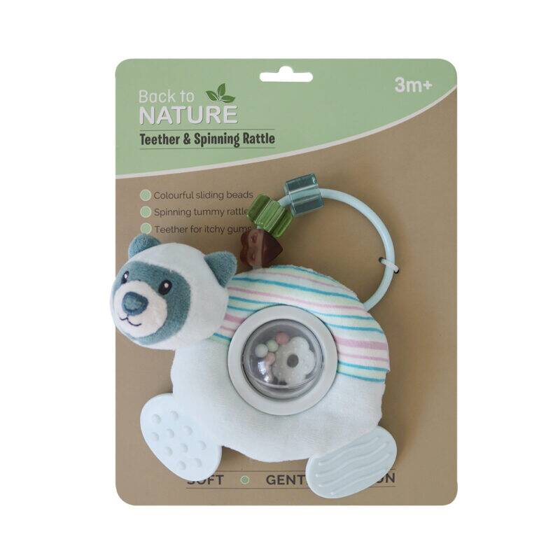 Back To Nature Teether & Spinning Rattle featuring a blue and pink bear design with colorful sliding beads for sensory play.