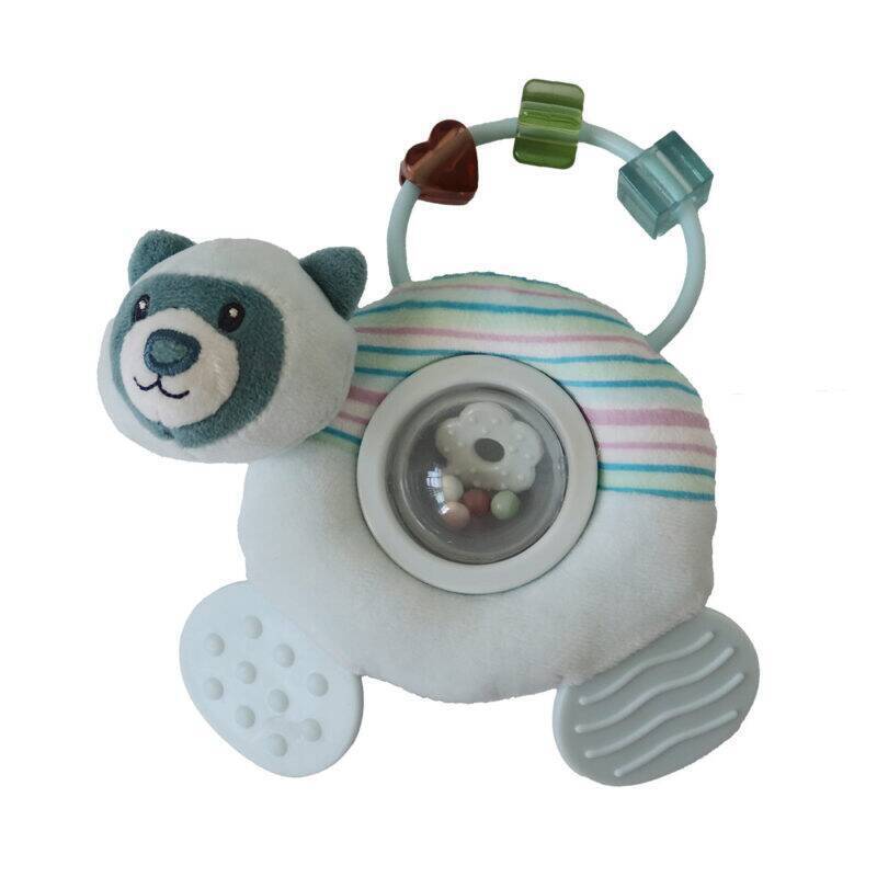 Back To Nature Teether & Spinning Rattle in blue features a cute animal design with colorful beads and a spinning center.
