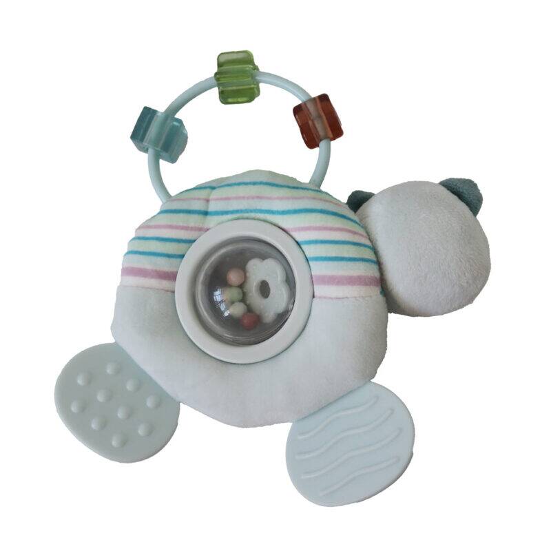 Back To Nature Teether & Spinning Rattle in blue and pink, featuring a turtle design with textured teething surfaces.