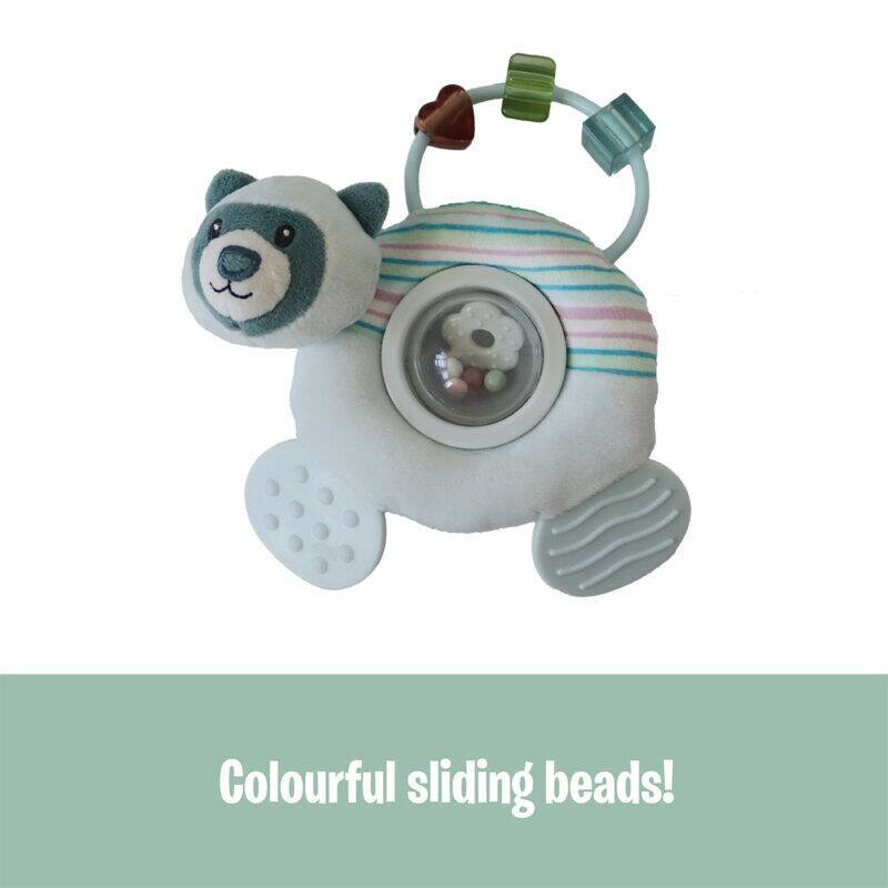 Back To Nature Teether & Spinning Rattle in blue and pink with a cute animal design and colorful sliding beads.