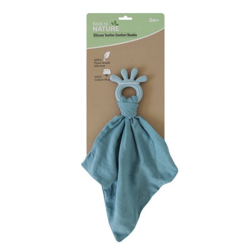 Back To Nature Silicone Teether Muslin Blankie in soft blue with a textured silicone teether and cotton muslin fabric.